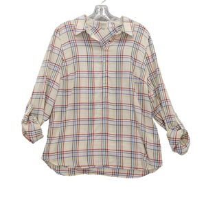 Talbots Plaid Roll Tab Sleeve Button Down Shirt‎ Top Sz M Lightweight Cotton